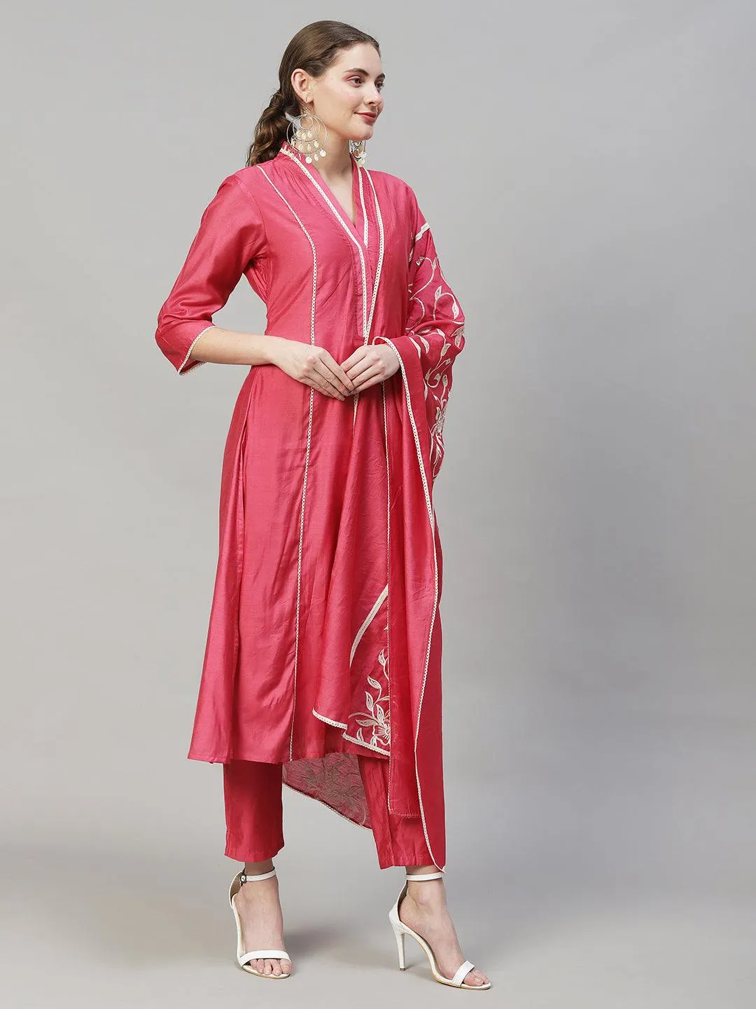 Ethnic A-Line Kurta with Pants & Dupatta - Pink