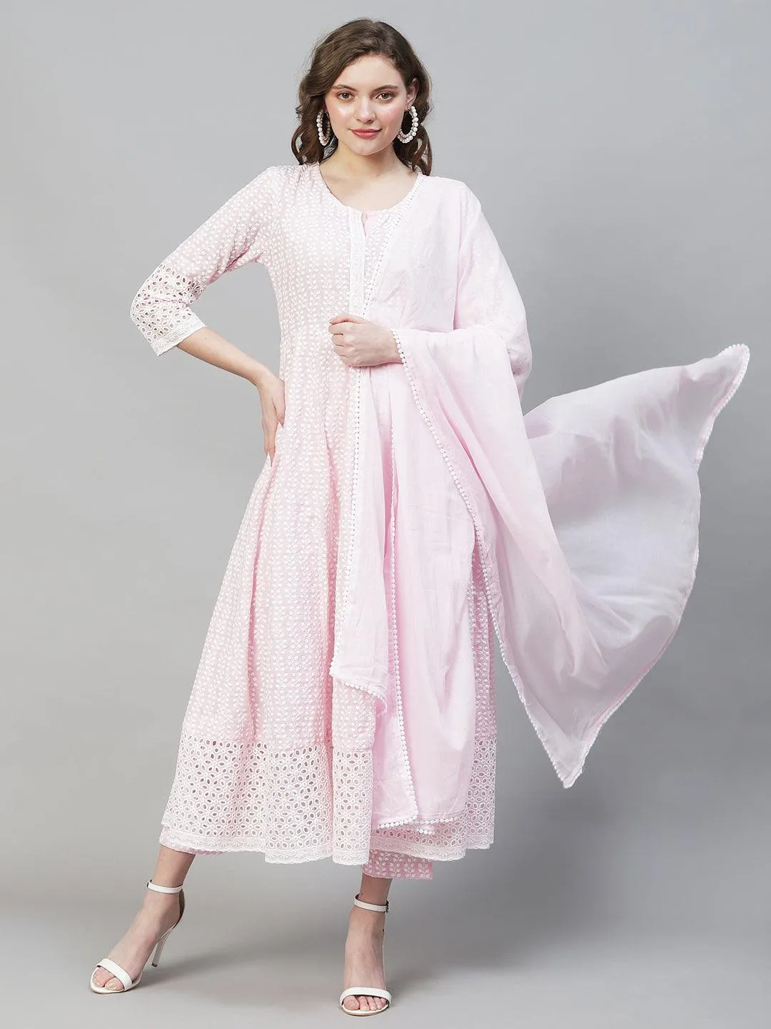 Ethnic Chikankari Embroidered Anarkali Kurta with Pants & Dupatta - Pink