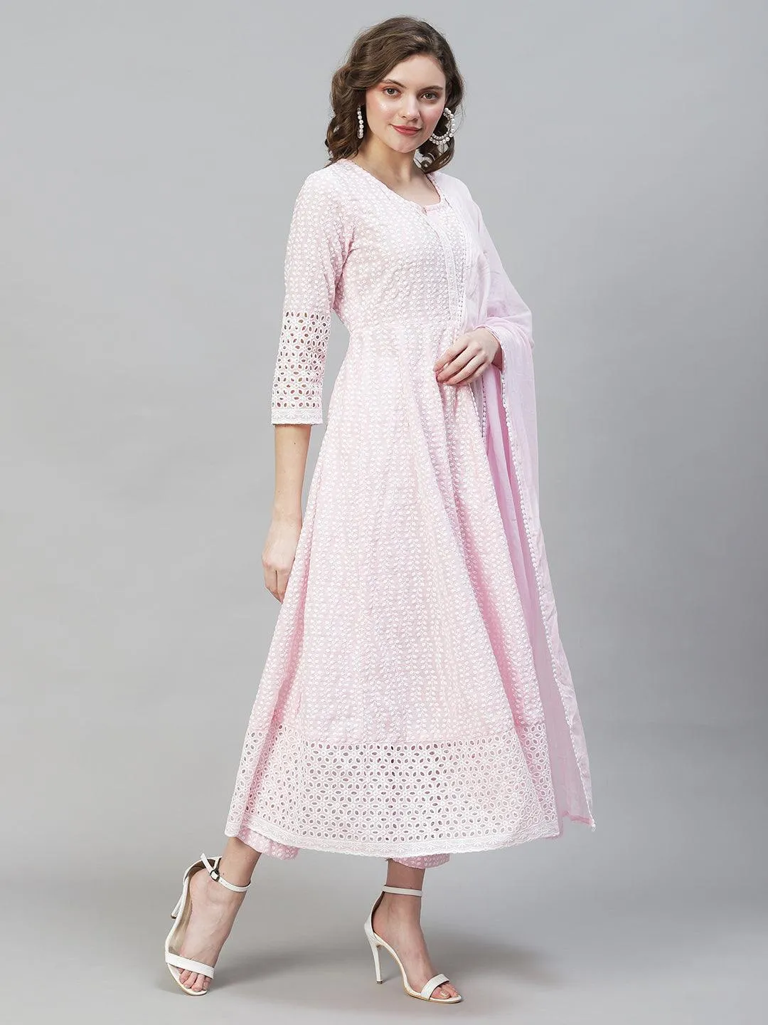 Ethnic Chikankari Embroidered Anarkali Kurta with Pants & Dupatta - Pink