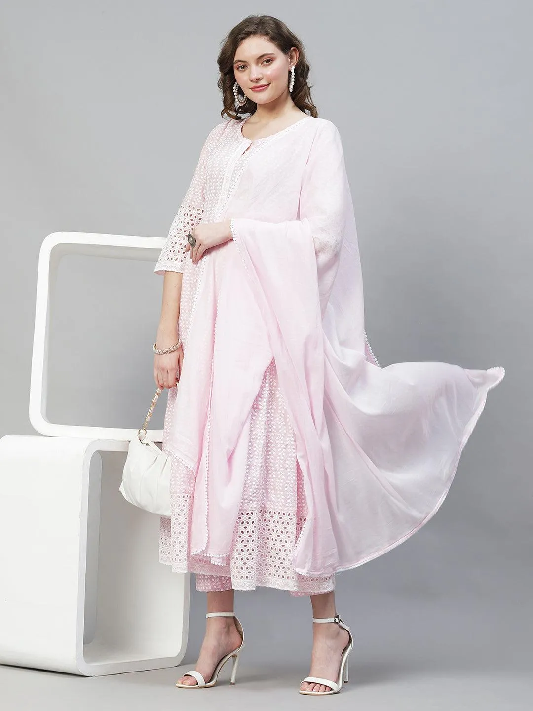 Ethnic Chikankari Embroidered Anarkali Kurta with Pants & Dupatta - Pink