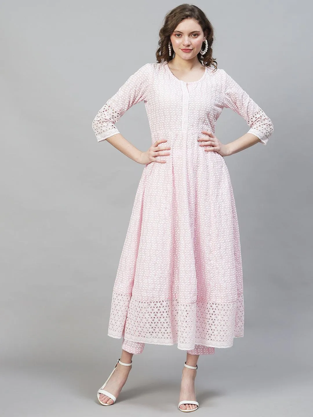 Ethnic Chikankari Embroidered Anarkali Kurta with Pants & Dupatta - Pink