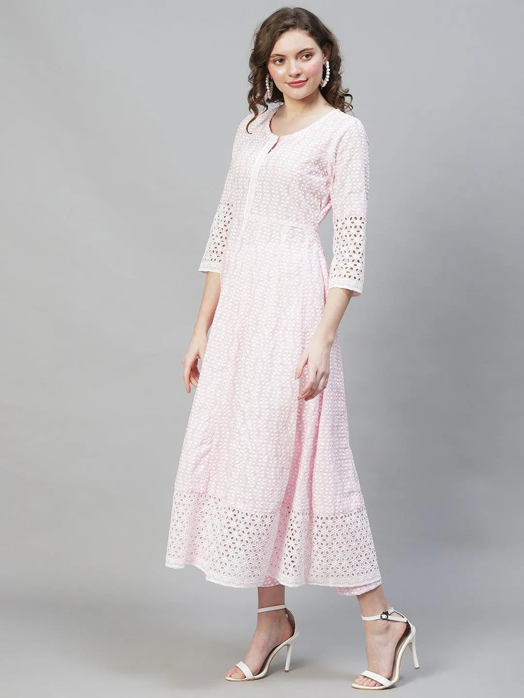 Ethnic Chikankari Embroidered Anarkali Kurta with Pants & Dupatta - Pink