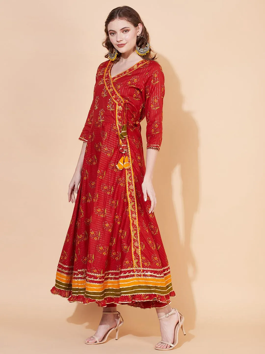 Ethnic Printed & Hand Embroidered Angrakha Kurta with Pants & Dupatta - Burnt Sienna