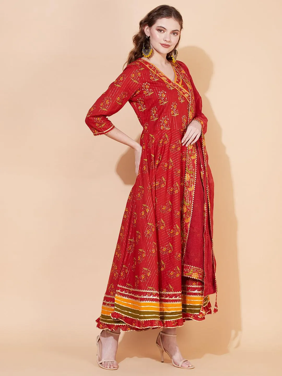 Ethnic Printed & Hand Embroidered Angrakha Kurta with Pants & Dupatta - Burnt Sienna