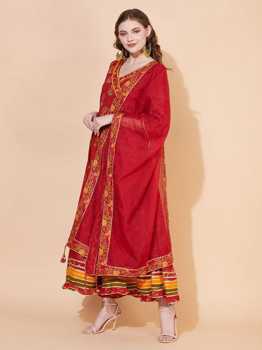 Ethnic Printed & Hand Embroidered Angrakha Kurta with Pants & Dupatta - Burnt Sienna