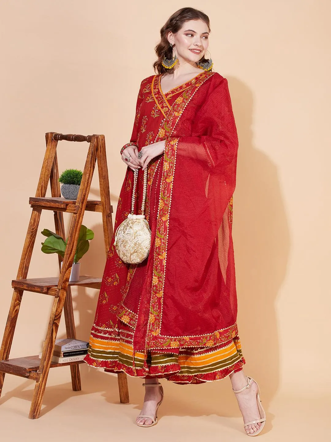 Ethnic Printed & Hand Embroidered Angrakha Kurta with Pants & Dupatta - Burnt Sienna