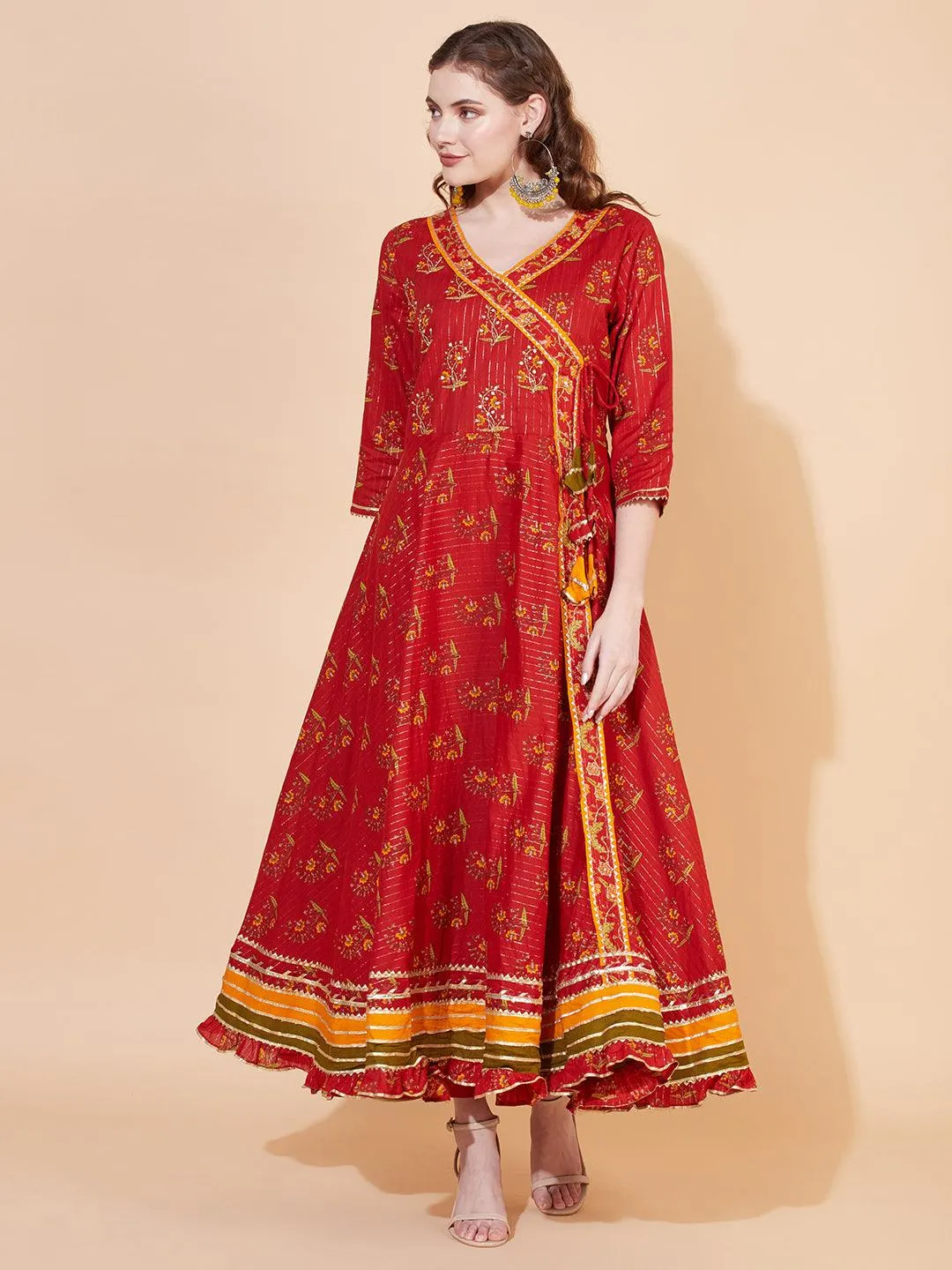 Ethnic Printed & Hand Embroidered Angrakha Kurta with Pants & Dupatta - Burnt Sienna