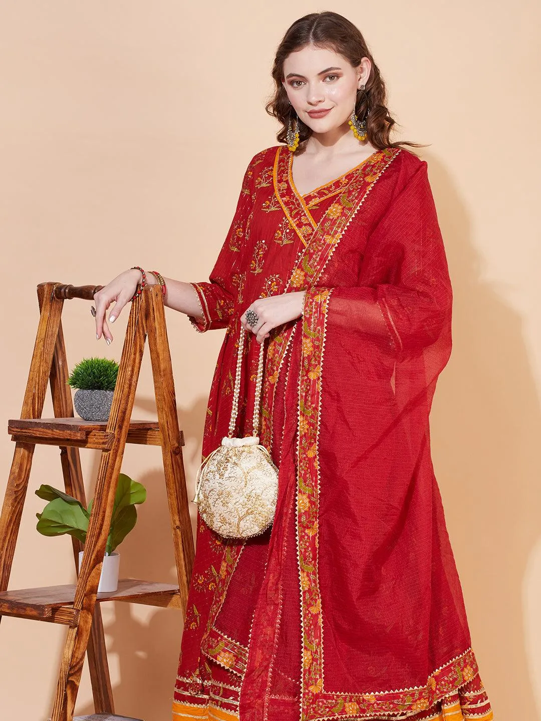 Ethnic Printed & Hand Embroidered Angrakha Kurta with Pants & Dupatta - Burnt Sienna