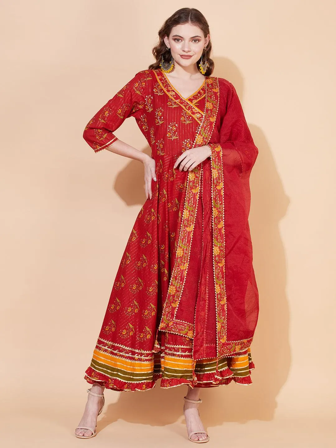 Ethnic Printed & Hand Embroidered Angrakha Kurta with Pants & Dupatta - Burnt Sienna