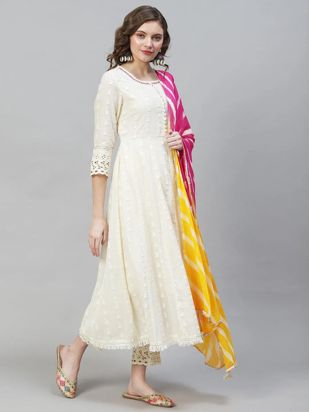 Ethnic Woven Anarkali Kurta with Pants & Dupatta - Off White