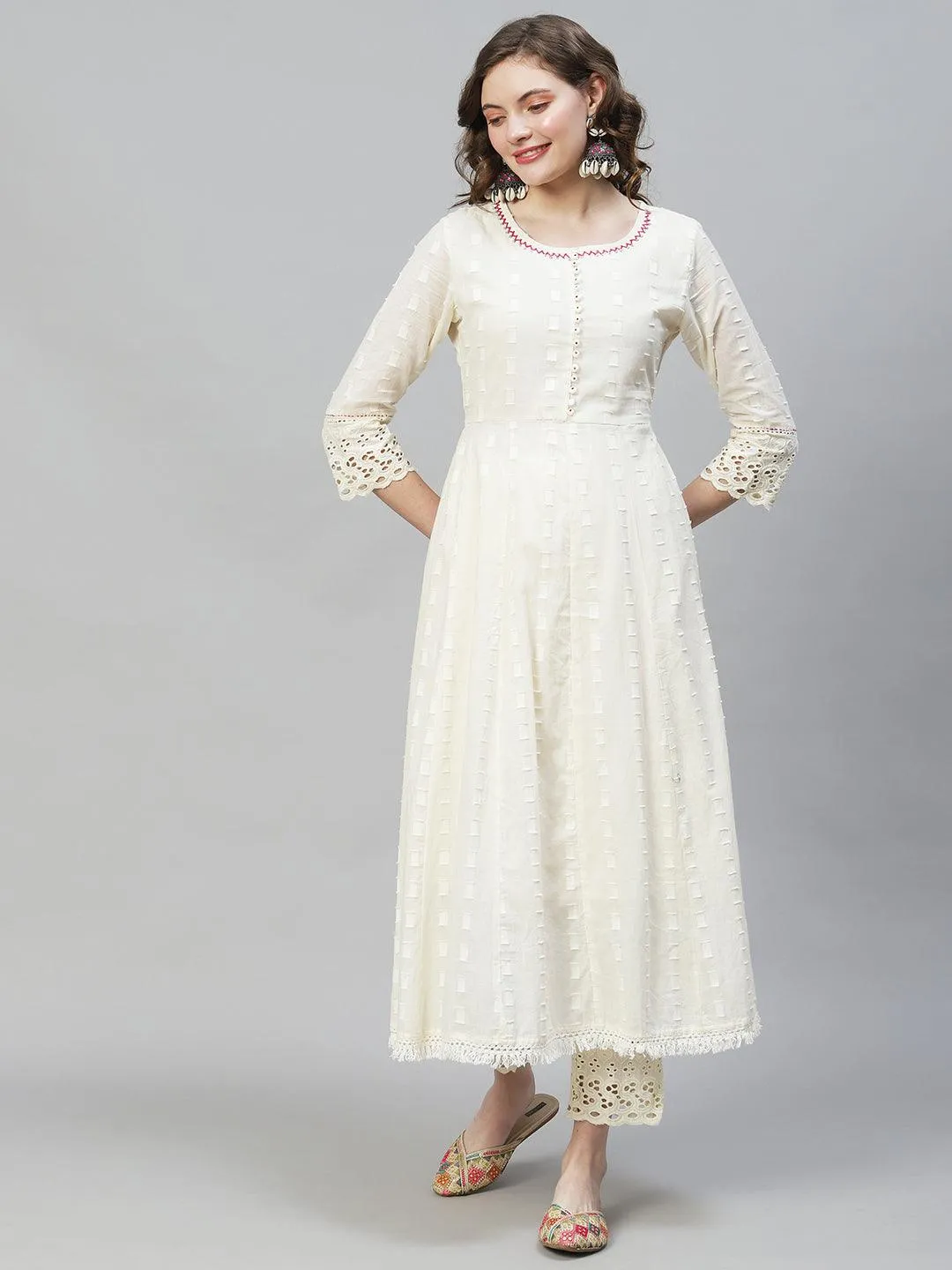 Ethnic Woven Anarkali Kurta with Pants & Dupatta - Off White