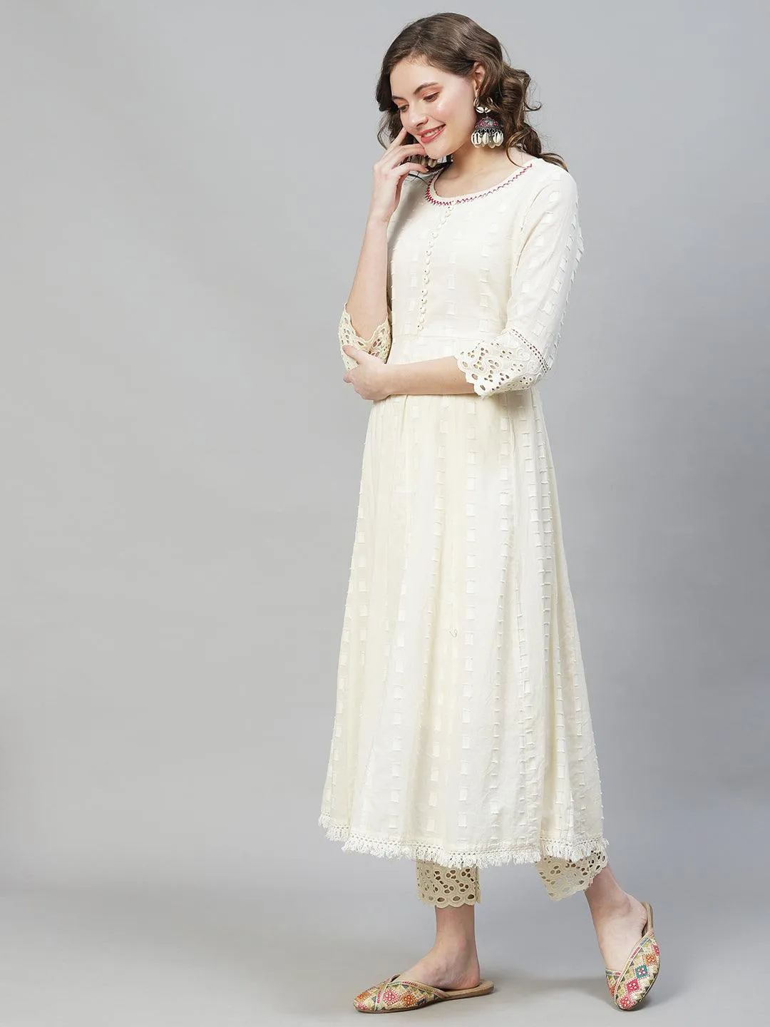 Ethnic Woven Anarkali Kurta with Pants & Dupatta - Off White