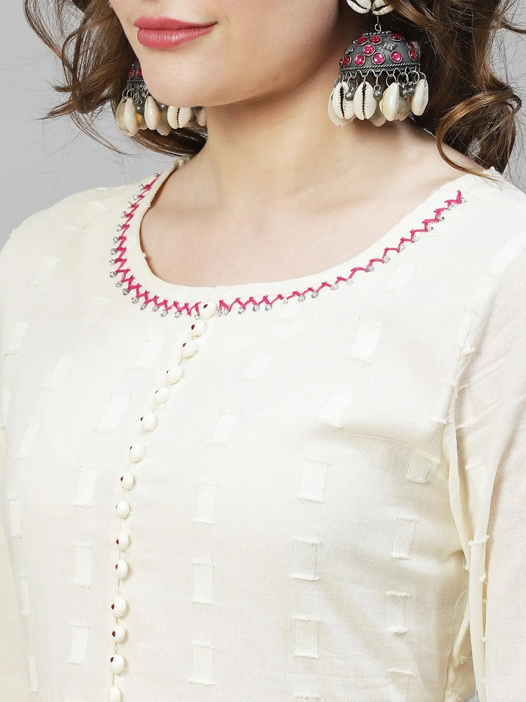 Ethnic Woven Anarkali Kurta with Pants & Dupatta - Off White