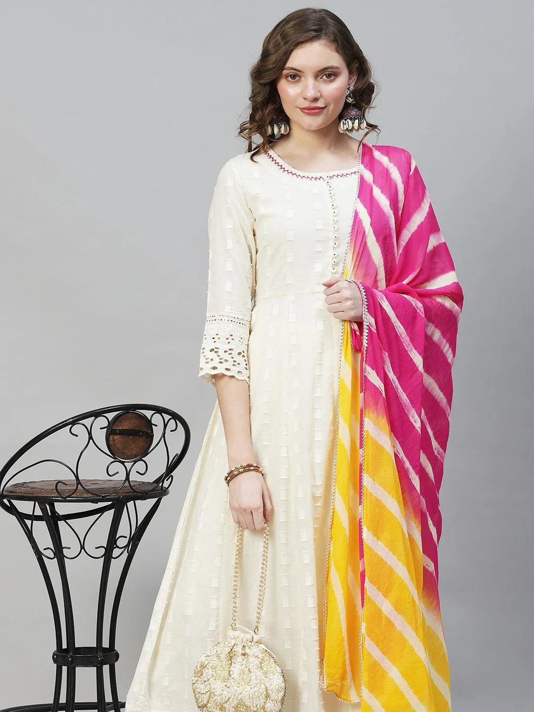 Ethnic Woven Anarkali Kurta with Pants & Dupatta - Off White