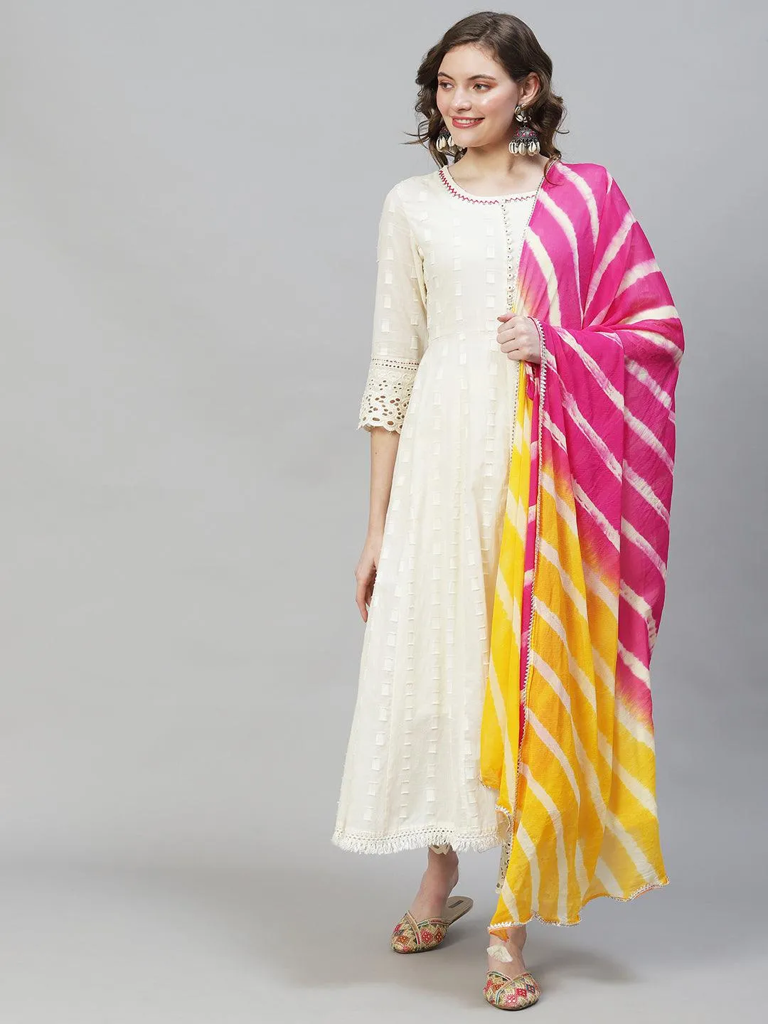 Ethnic Woven Anarkali Kurta with Pants & Dupatta - Off White