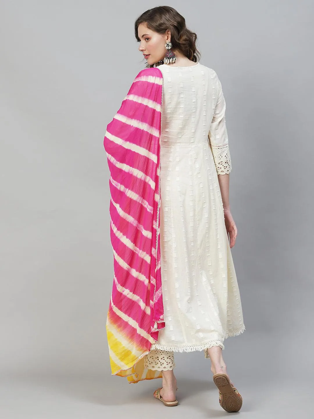 Ethnic Woven Anarkali Kurta with Pants & Dupatta - Off White