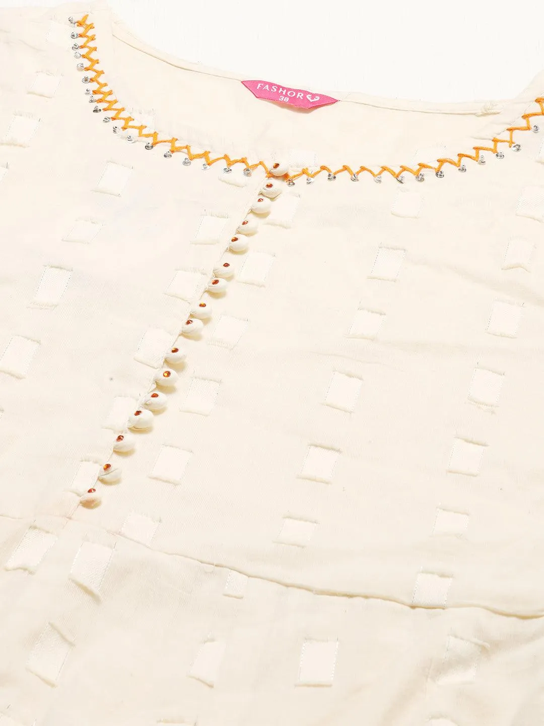 Ethnic Woven Anarkali Kurta with Pants & Dupatta - Off White