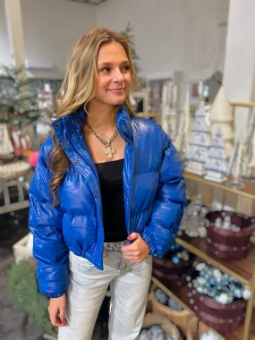 Faux Leather Puffer Jacket - Cobalt Blue