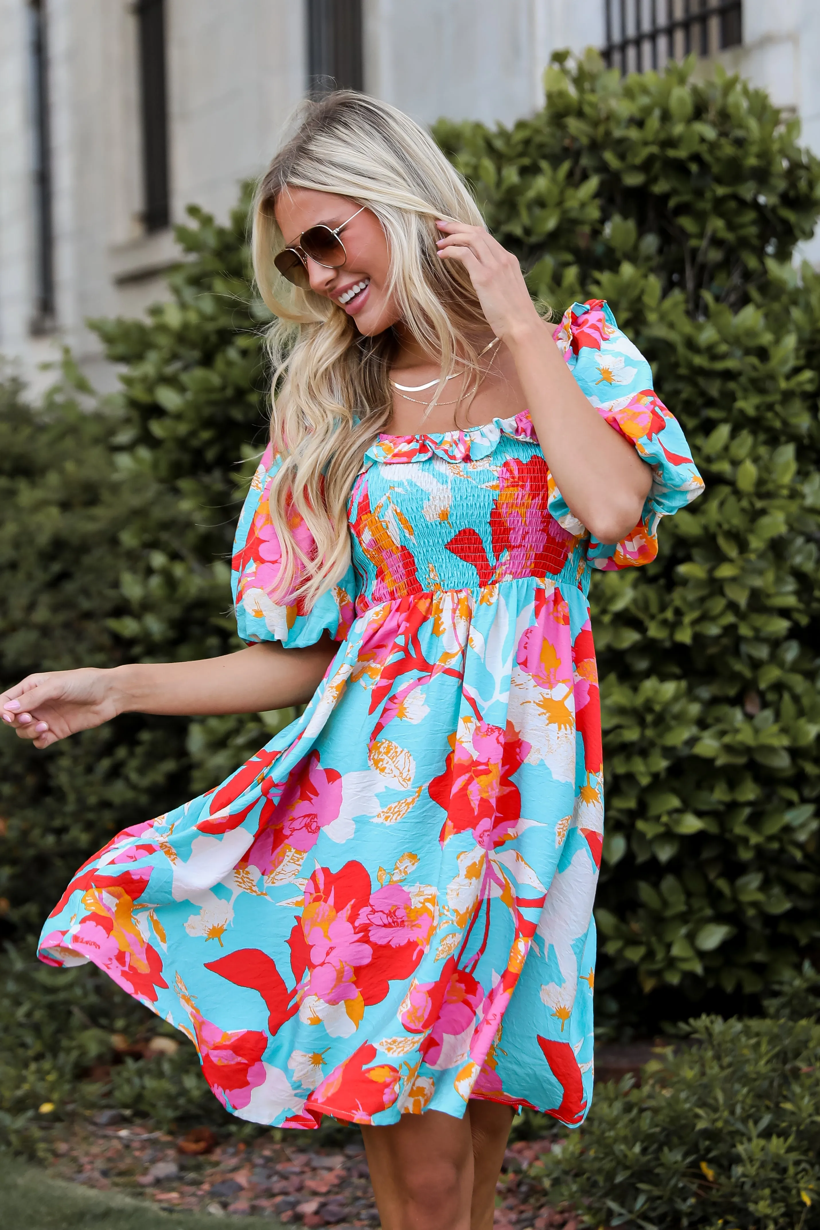 FINAL SALE - Prettiest Approach Aqua Floral Mini Dress