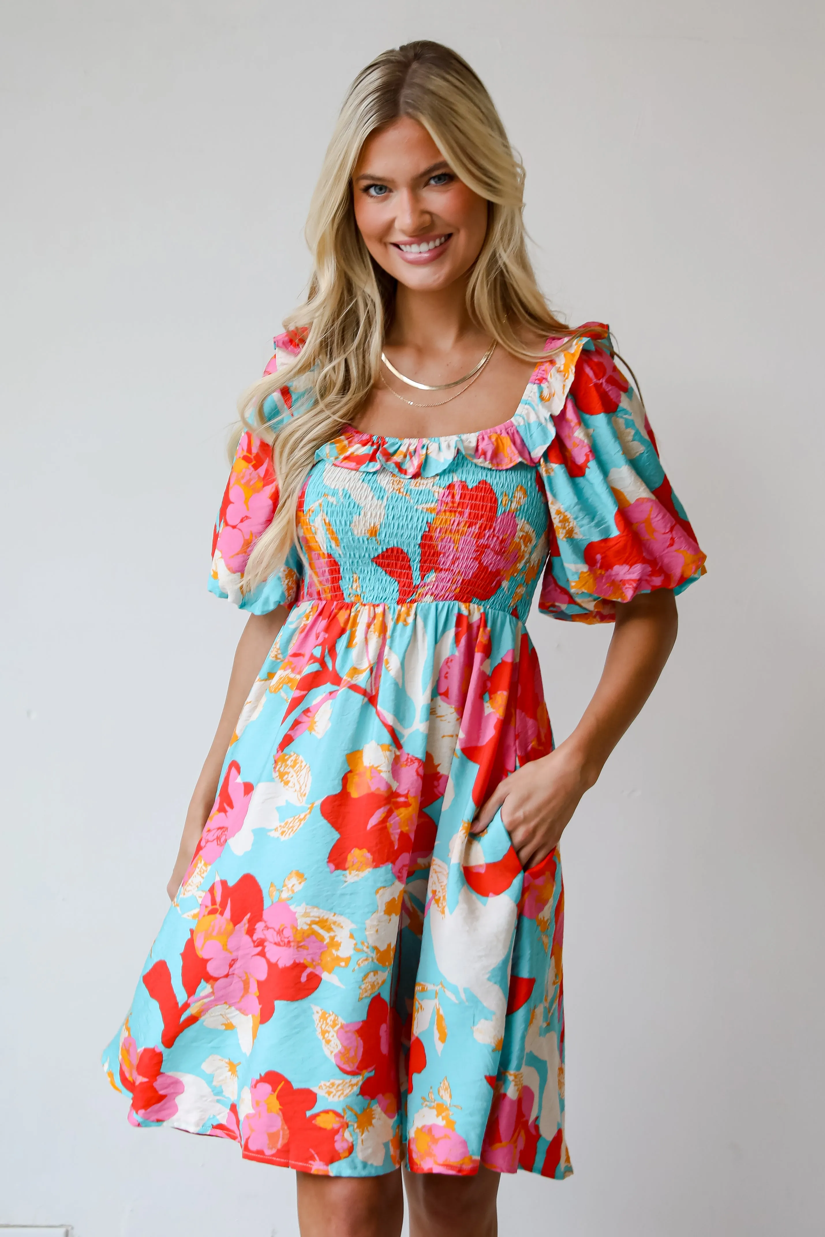 FINAL SALE - Prettiest Approach Aqua Floral Mini Dress