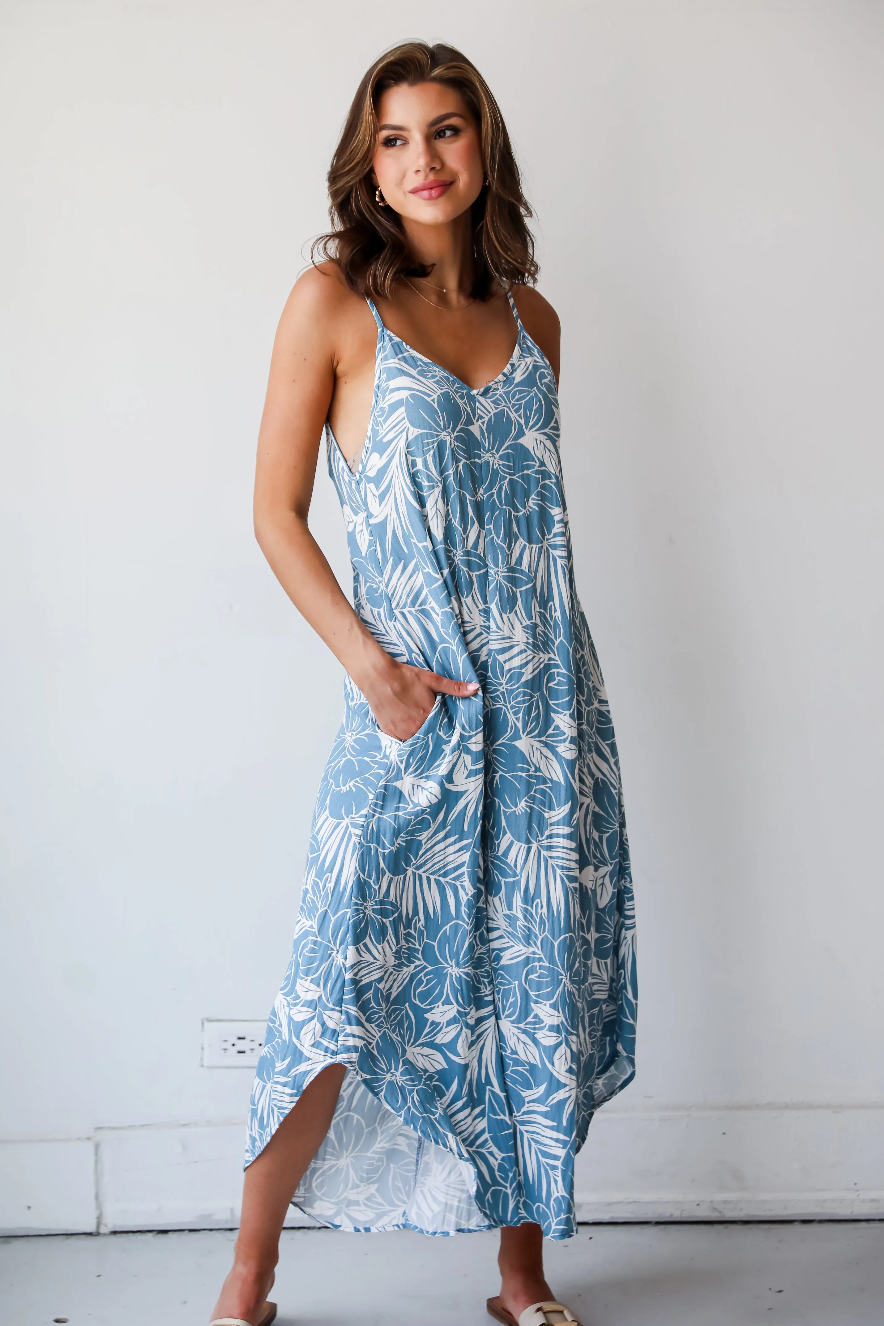 FINAL SALE - Tropical Blooms Light Blue Floral Jumpsuit