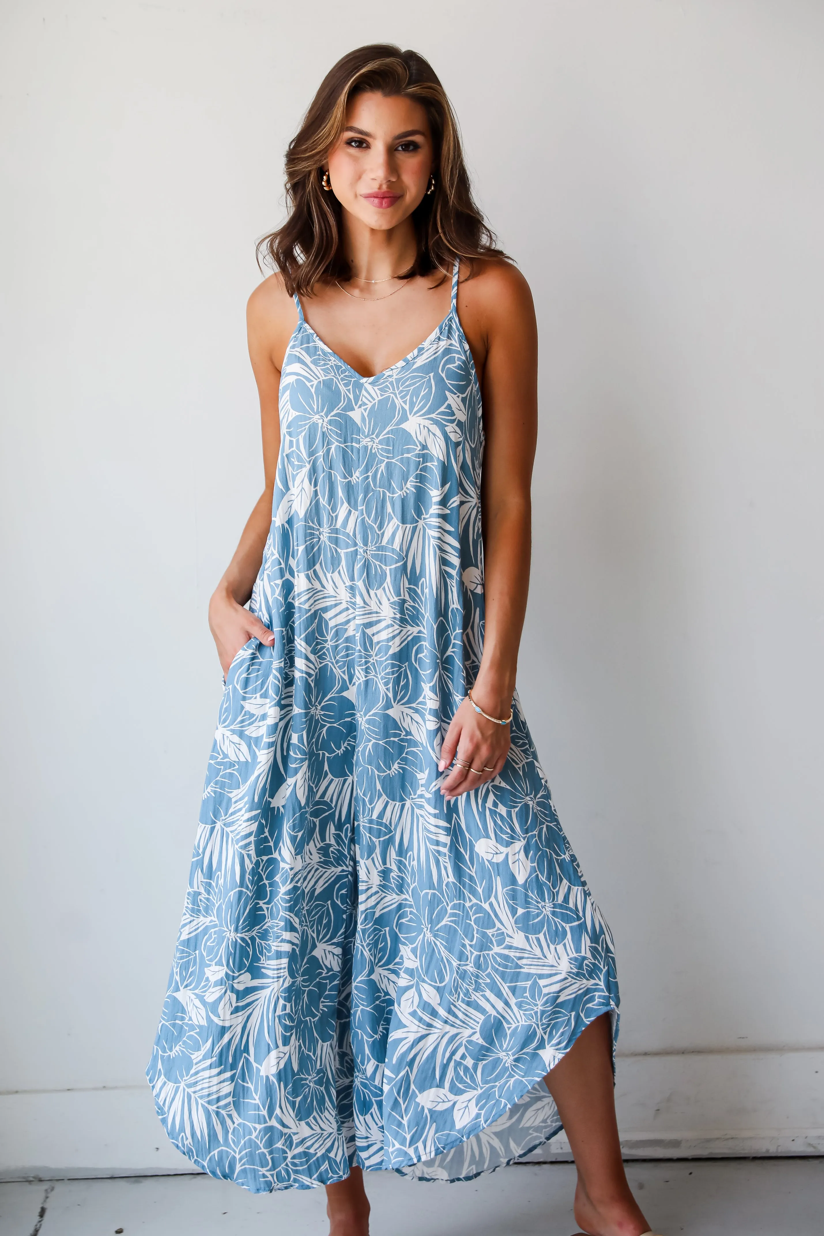 FINAL SALE - Tropical Blooms Light Blue Floral Jumpsuit