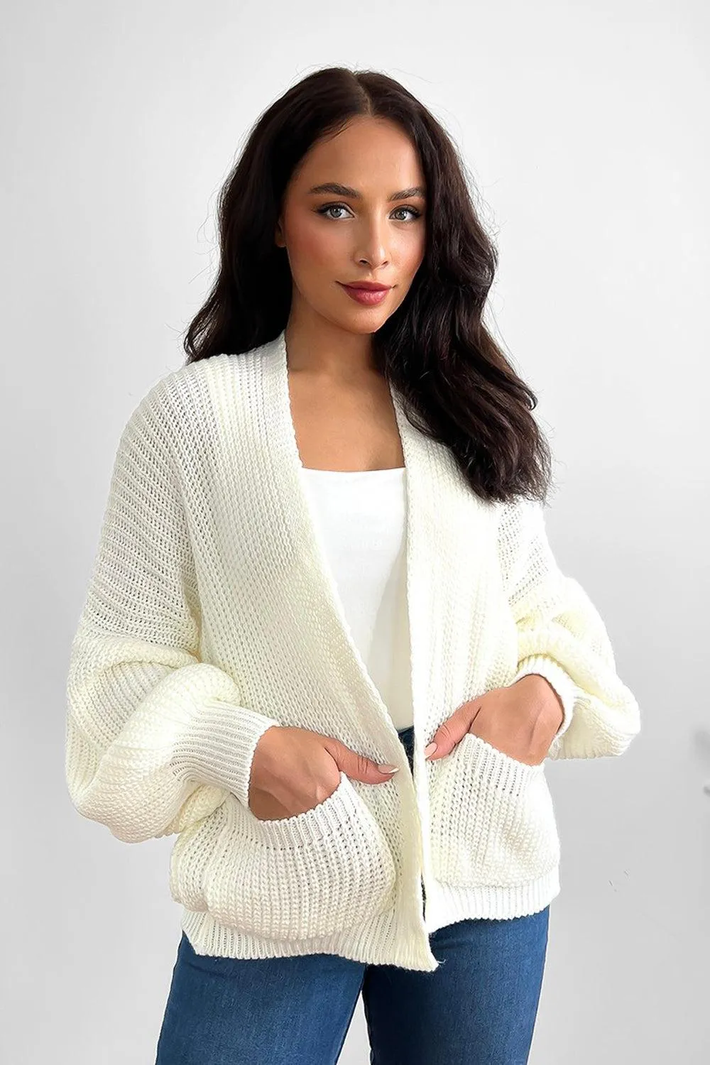 Fine Knit Side Pockets Open Front Cardigan