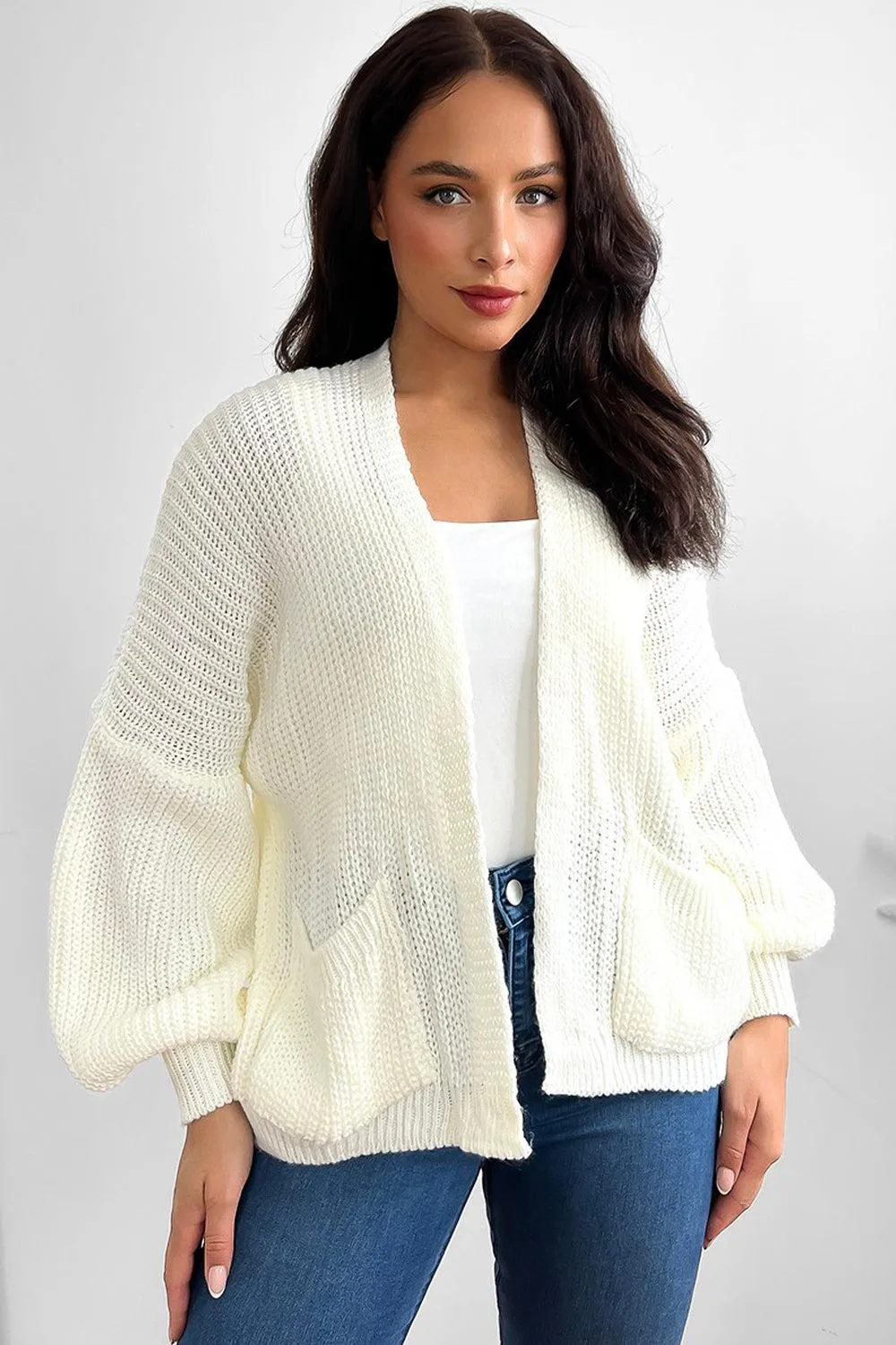 Fine Knit Side Pockets Open Front Cardigan