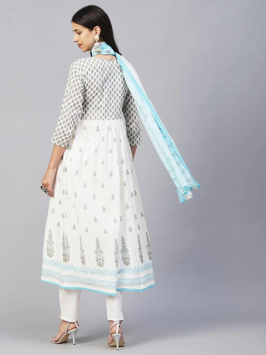 Floral Block Printed Mirror Embroidered Frock kurta with Pants & Dupatta - White & Blue