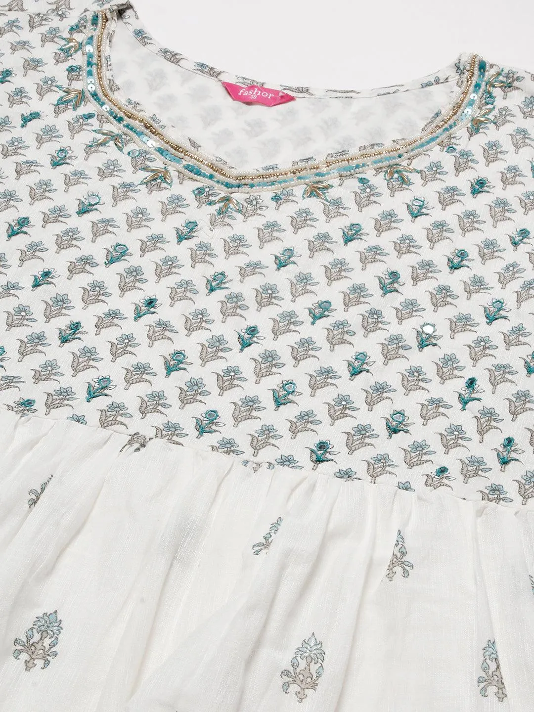 Floral Block Printed Mirror Embroidered Frock kurta with Pants & Dupatta - White & Blue