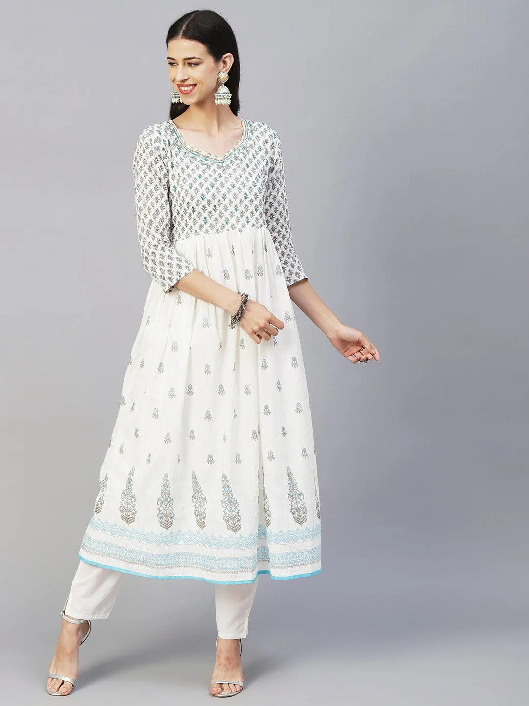 Floral Block Printed Mirror Embroidered Frock kurta with Pants & Dupatta - White & Blue