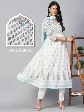 Floral Block Printed Mirror Embroidered Frock kurta with Pants & Dupatta - White & Blue