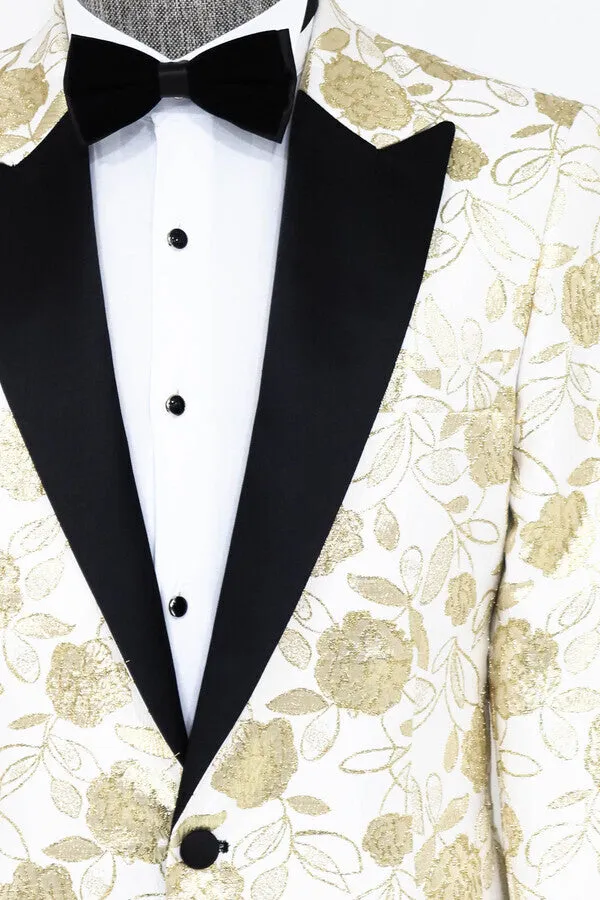 Floral Patterned White Men Tuxedo Blazer - Wessi