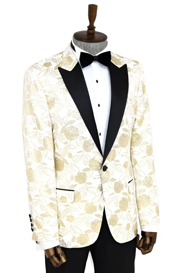 Floral Patterned White Men Tuxedo Blazer - Wessi