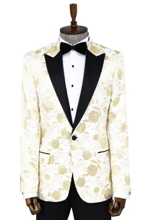 Floral Patterned White Men Tuxedo Blazer - Wessi