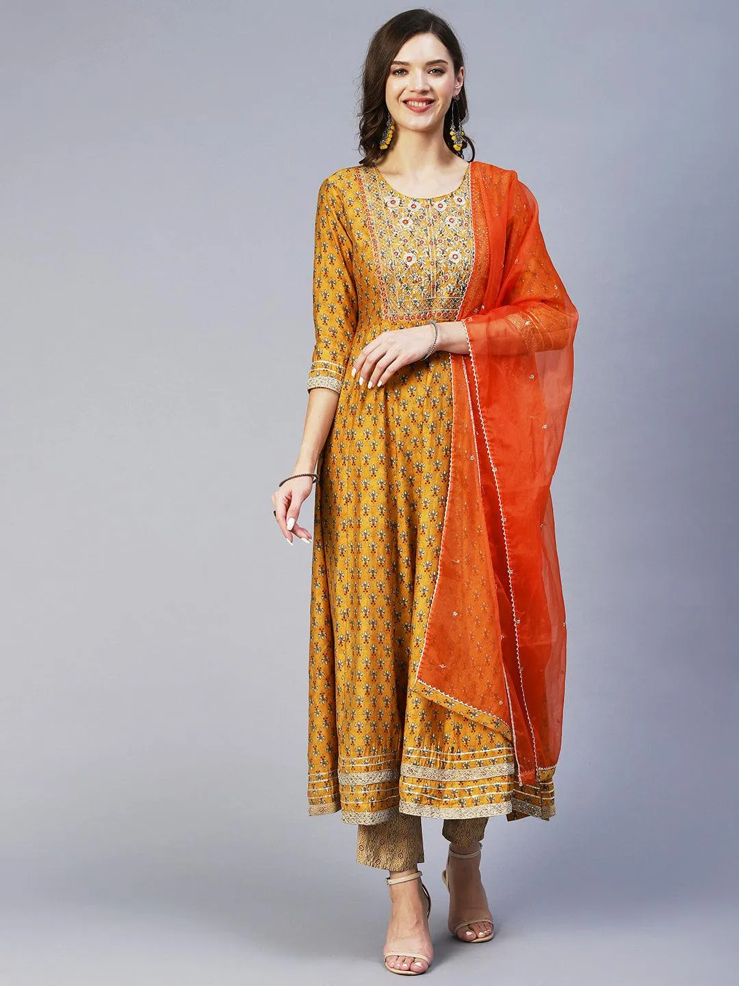 Floral Print Mirror Embroidered Kurta With Striped Pants & Embroidered Dupatta - Mustard