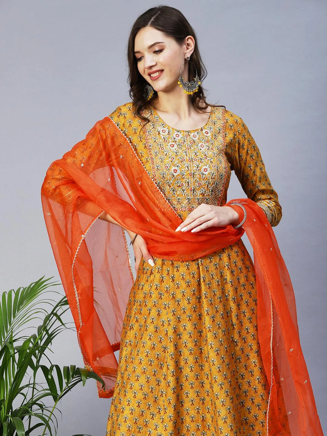 Floral Print Mirror Embroidered Kurta With Striped Pants & Embroidered Dupatta - Mustard