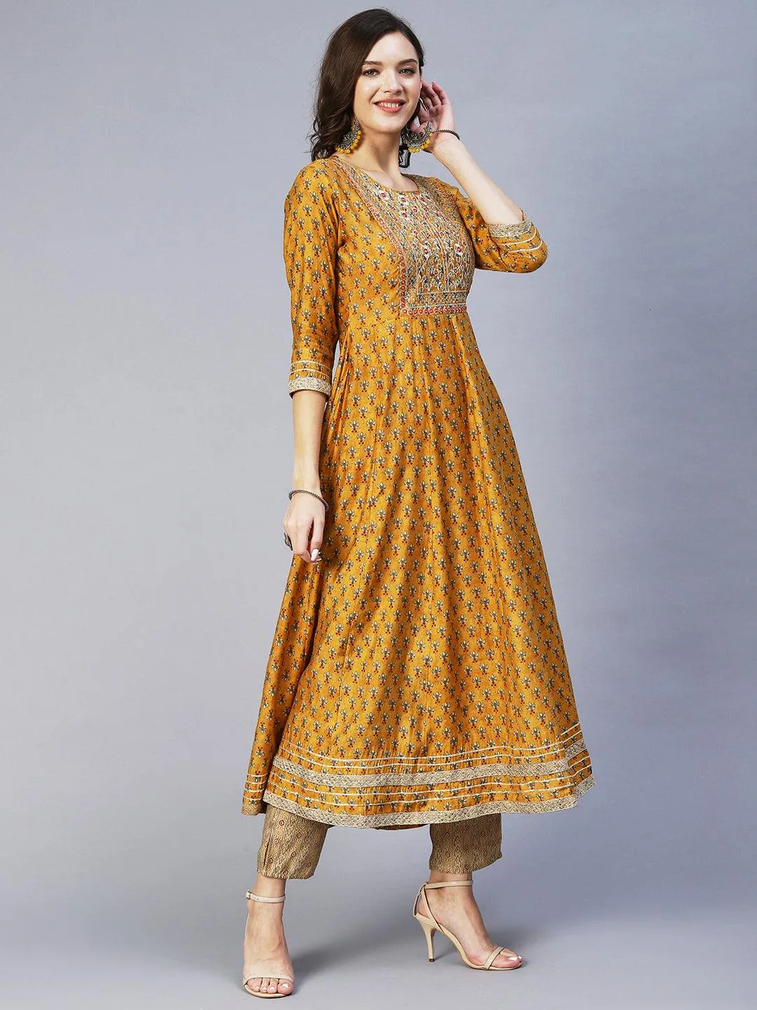 Floral Print Mirror Embroidered Kurta With Striped Pants & Embroidered Dupatta - Mustard