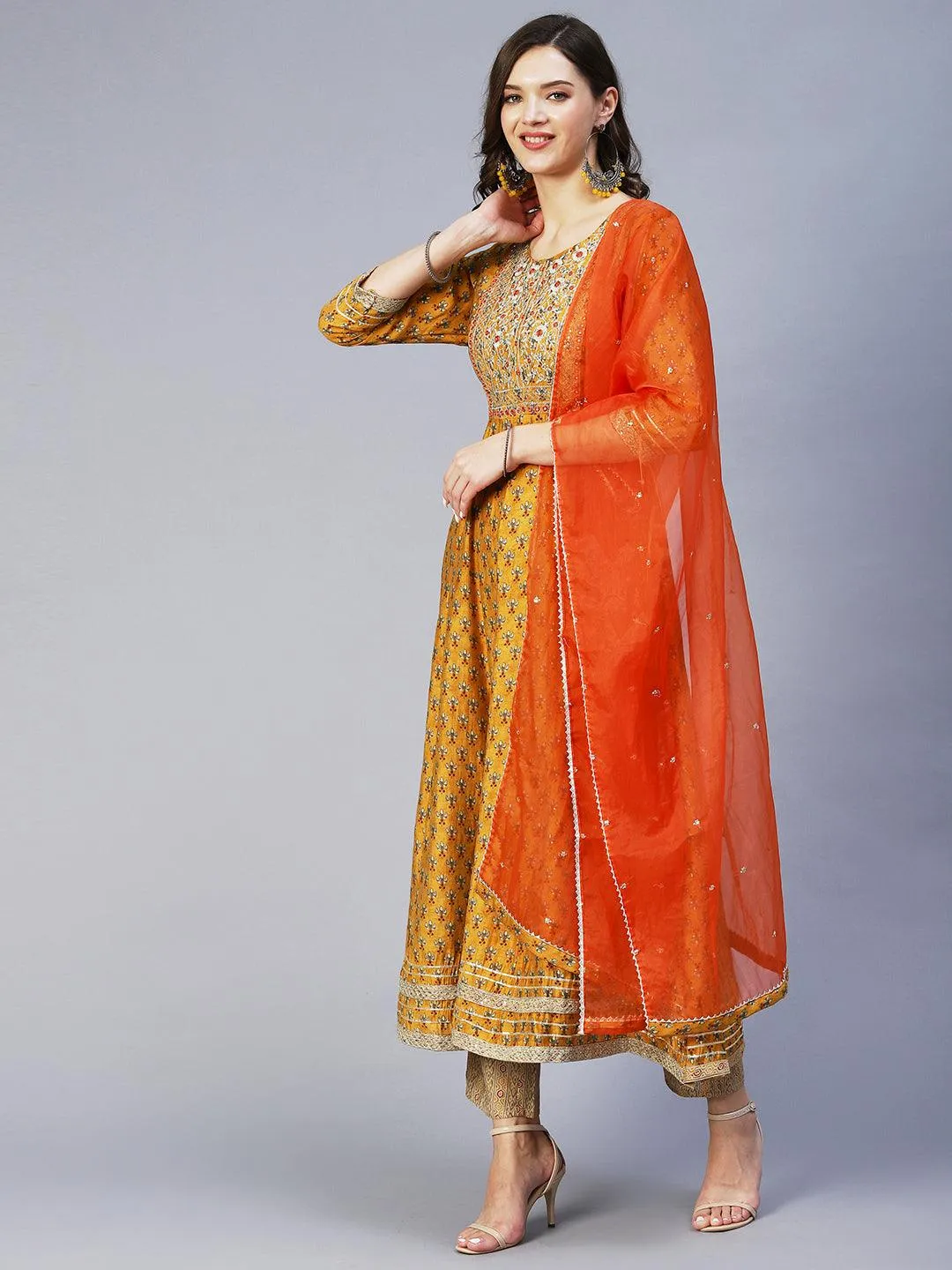 Floral Print Mirror Embroidered Kurta With Striped Pants & Embroidered Dupatta - Mustard