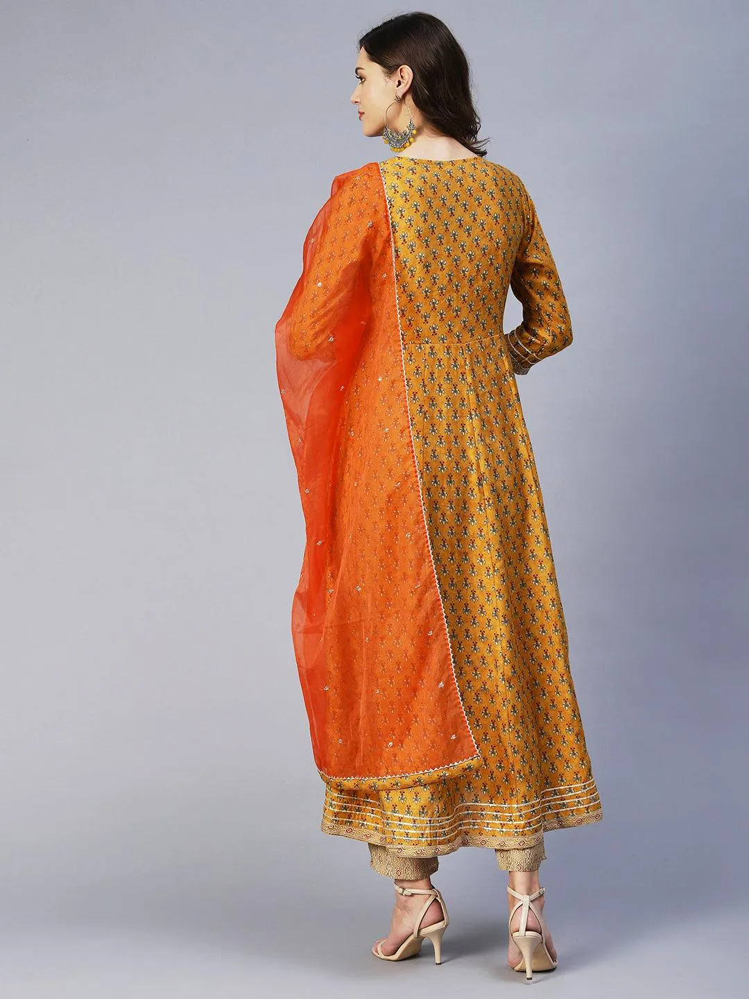 Floral Print Mirror Embroidered Kurta With Striped Pants & Embroidered Dupatta - Mustard