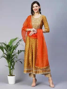 Floral Print Mirror Embroidered Kurta With Striped Pants & Embroidered Dupatta - Mustard