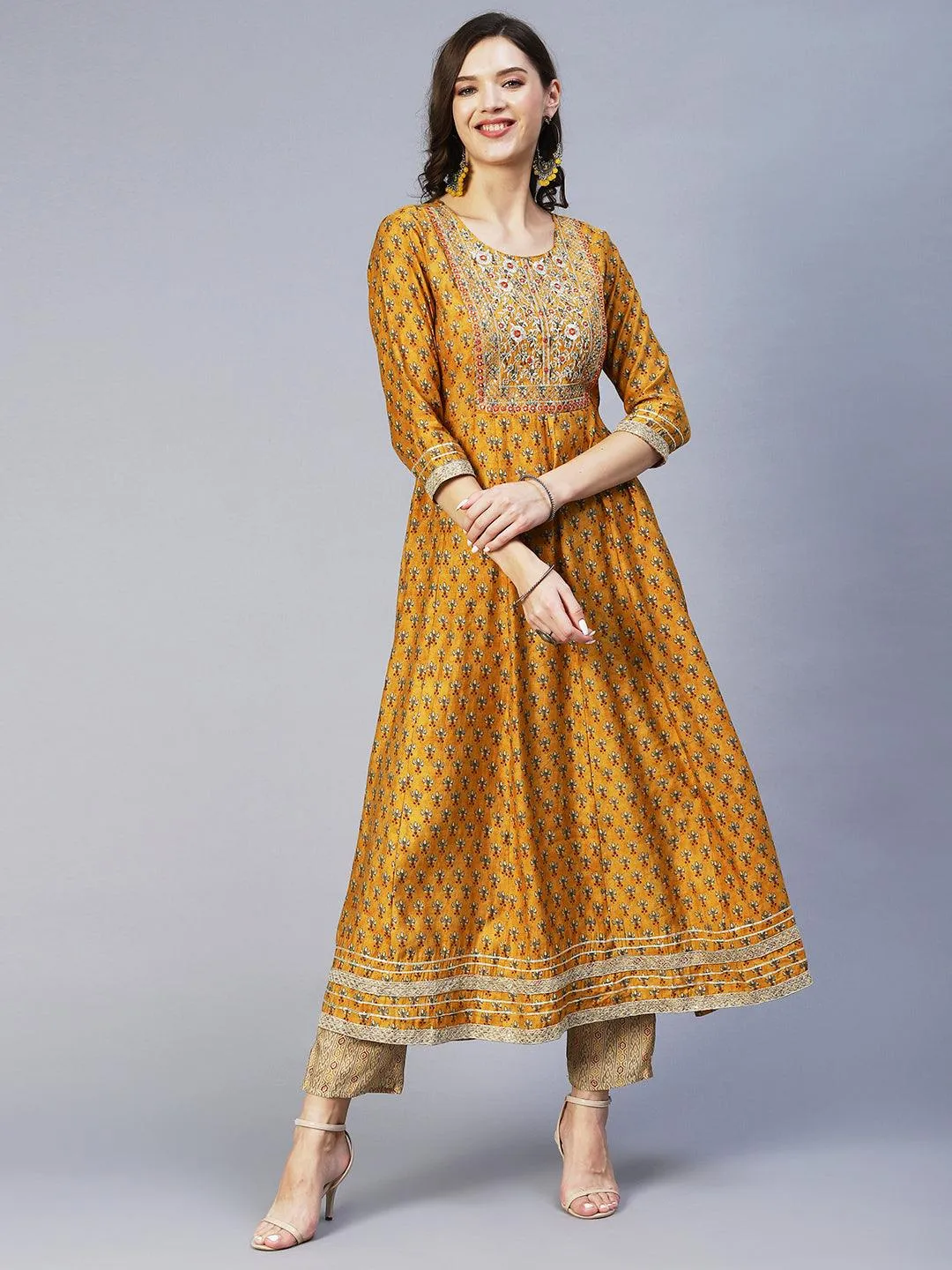 Floral Print Mirror Embroidered Kurta With Striped Pants & Embroidered Dupatta - Mustard