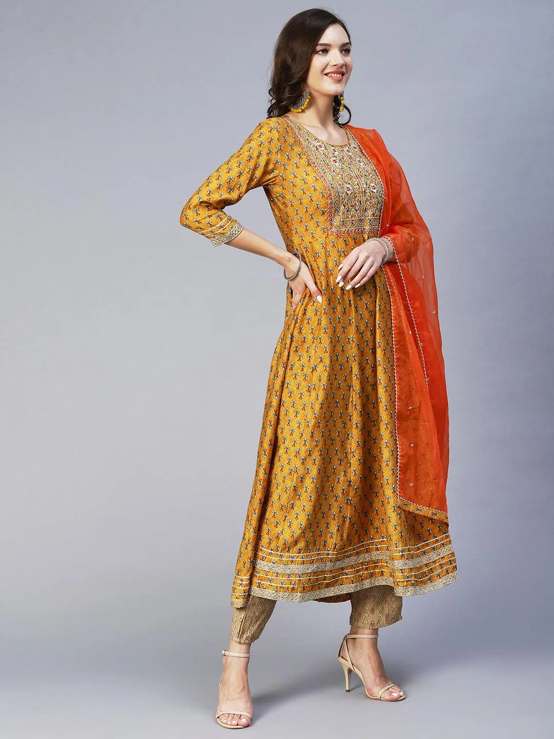 Floral Print Mirror Embroidered Kurta With Striped Pants & Embroidered Dupatta - Mustard