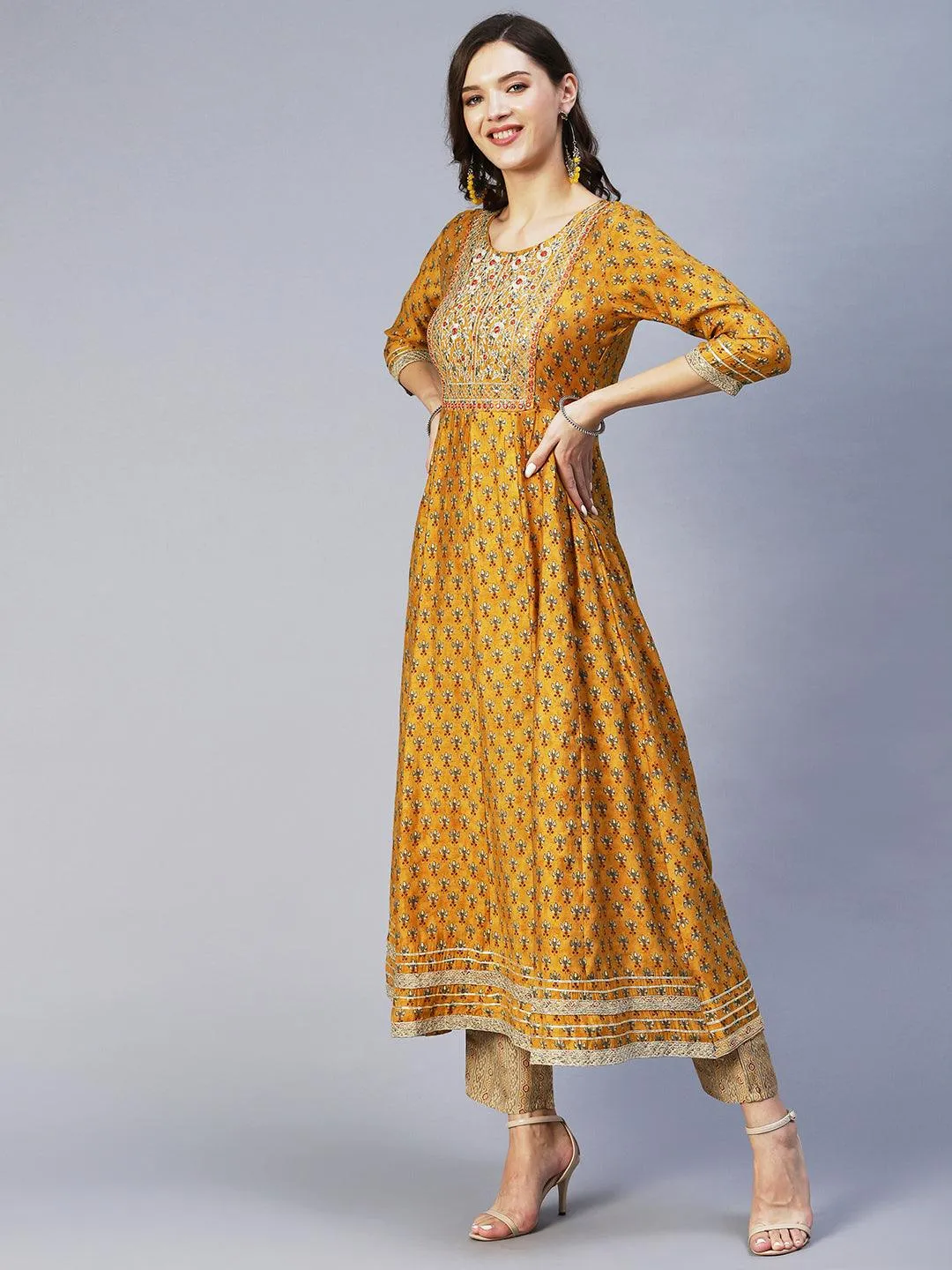 Floral Print Mirror Embroidered Kurta With Striped Pants & Embroidered Dupatta - Mustard