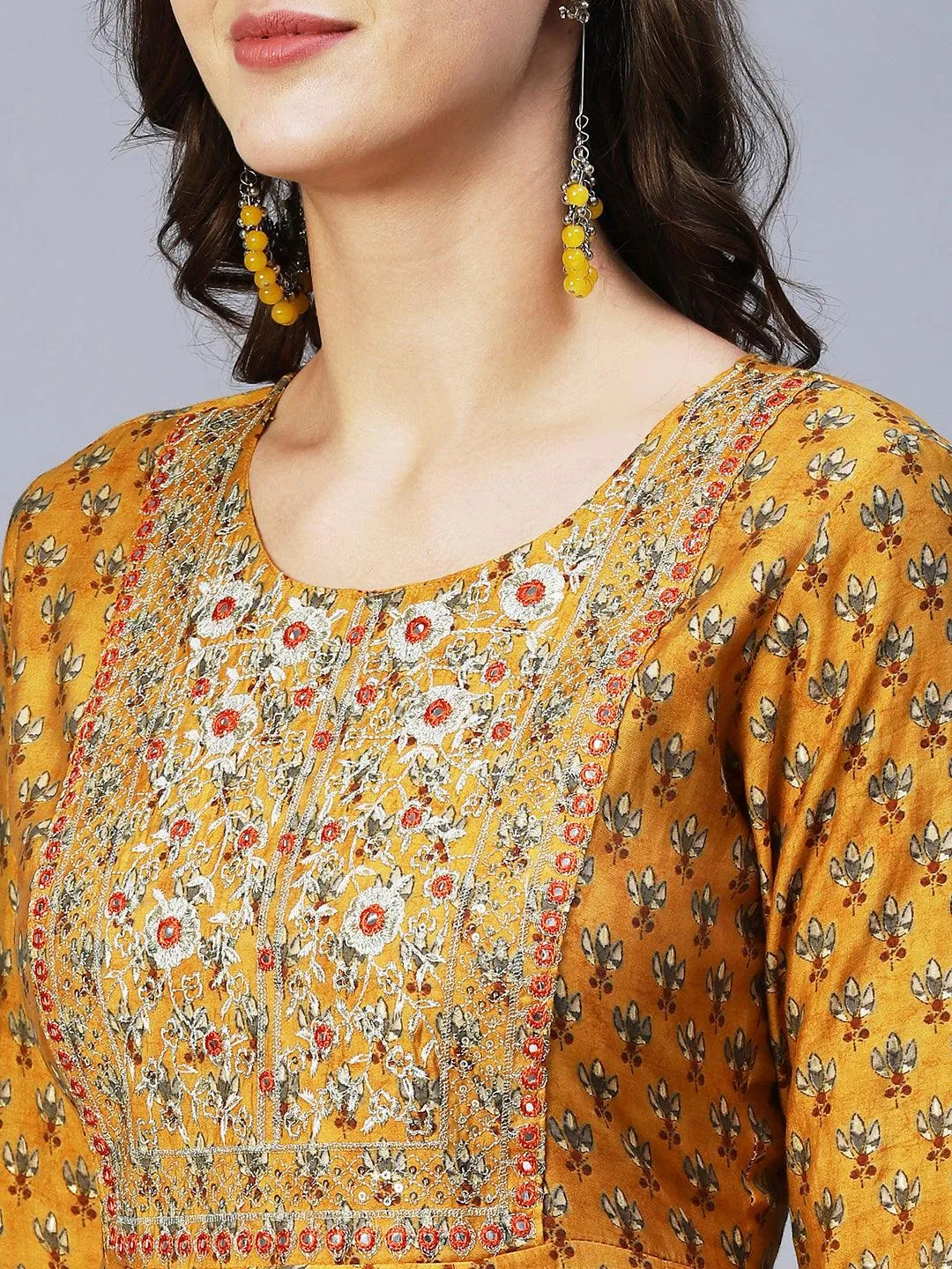 Floral Print Mirror Embroidered Kurta With Striped Pants & Embroidered Dupatta - Mustard