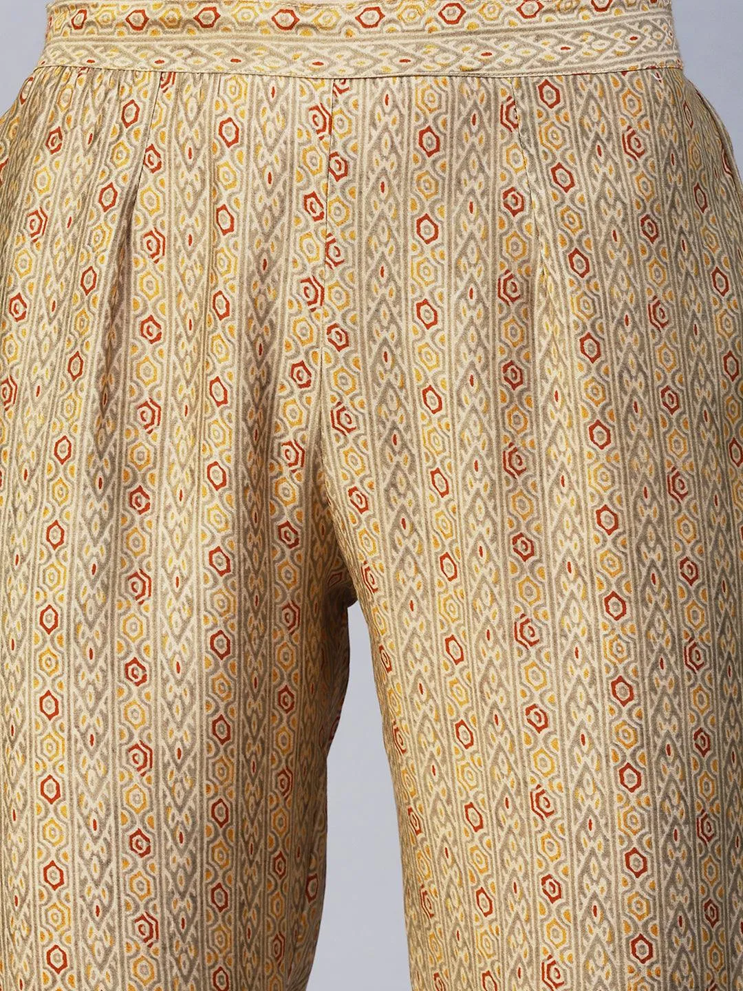 Floral Print Mirror Embroidered Kurta With Striped Pants & Embroidered Dupatta - Mustard