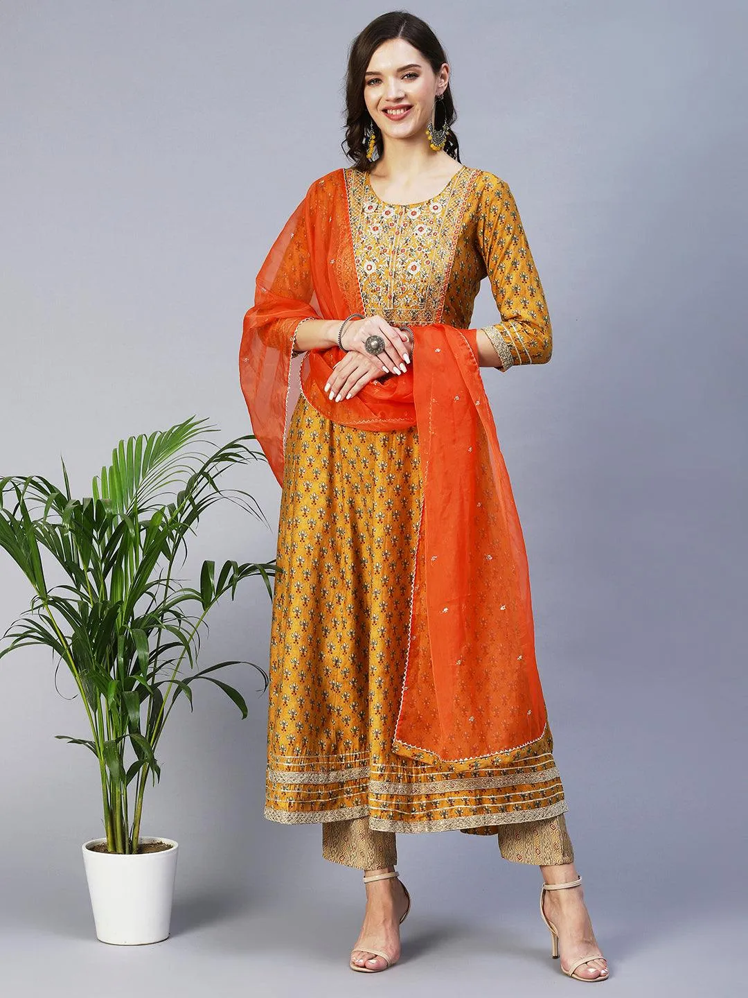 Floral Print Mirror Embroidered Kurta With Striped Pants & Embroidered Dupatta - Mustard