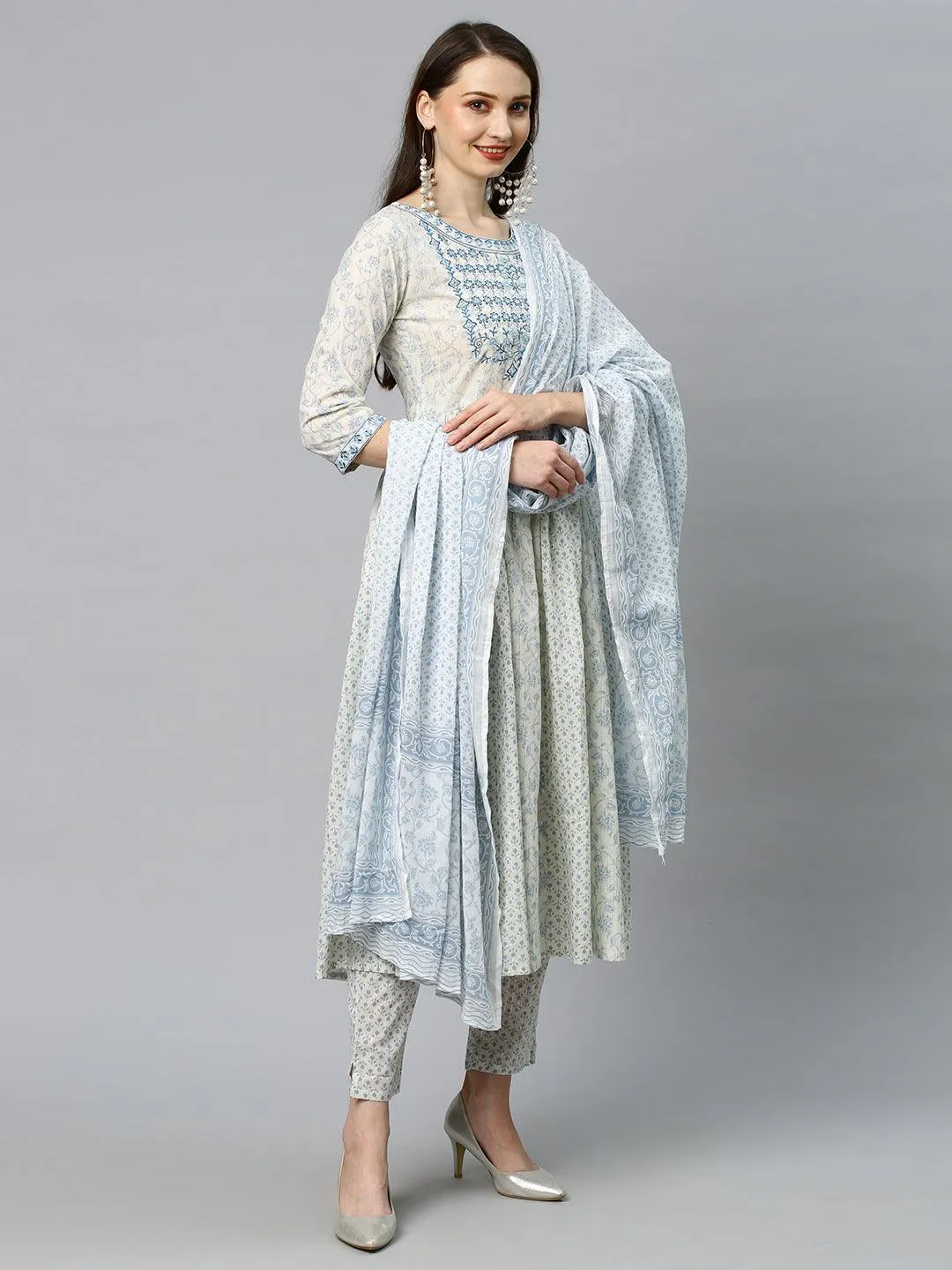 Floral Printed & Embroidered Anarkali Kurta with Pants & Dupatta - Off White