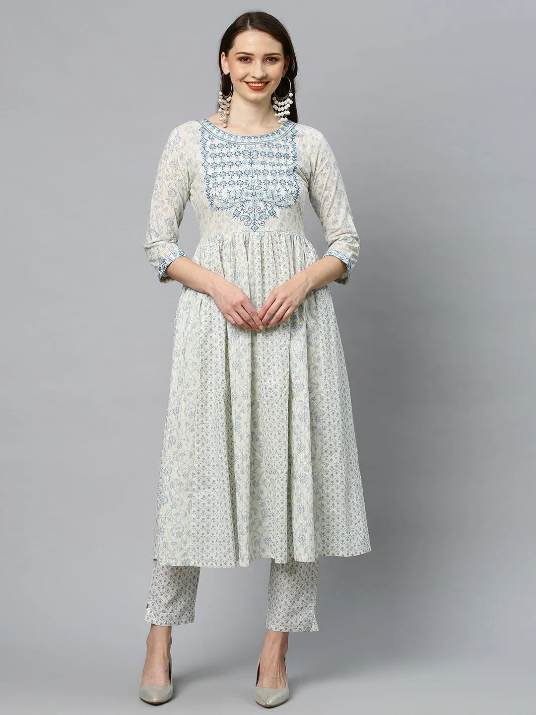 Floral Printed & Embroidered Anarkali Kurta with Pants & Dupatta - Off White