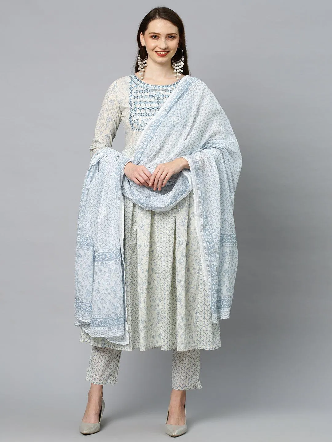 Floral Printed & Embroidered Anarkali Kurta with Pants & Dupatta - Off White